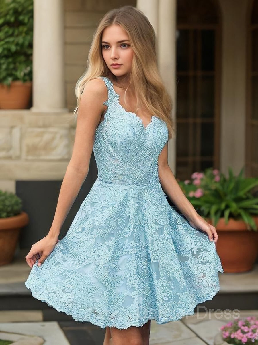 A-Line V-neck Short Lace Homecoming Dresses