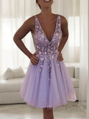 A-Line V-neck Short Tulle Homecoming Dresses For Black girls With Beading
