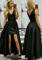 A Line Princess V Neck Sleeveless Asymmetrical Satin Prom Dress Outfits For Women With Pleated