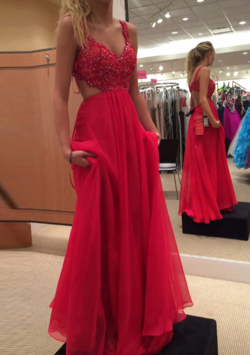 A Line Princess V Neck Sleeveless Long Floor Length Chiffon Prom Dress Outfits For Women With Lace Beading
