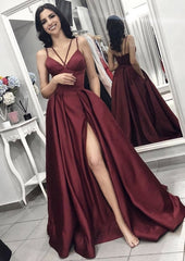 A Line Princess V Neck Sleeveless Long Floor Length Elastic Satin Evening Dress Outfits For Women With Split Pleated