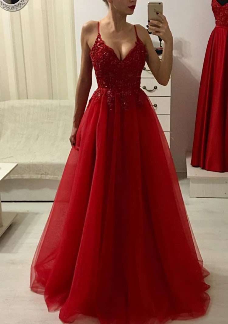 A Line Princess V Neck Sleeveless Long Floor Length Prom Dress Outfits For Women With Appliqued Beading