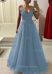 A Line Princess V Neck Sleeveless Long Floor Length Prom Dress Outfits For Women With Appliqued Beading
