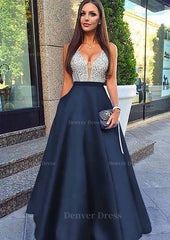 A Line Princess V Neck Sleeveless Long Floor Length Satin Prom Dresses For Black girls With Sequins