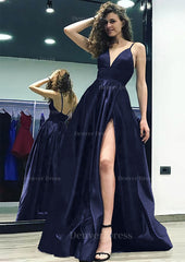A Line Princess V Neck Sleeveless Sweep Train Satin Prom Dress Outfits For Women With Split