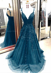 A Line Princess V Neck Sleeveless Sweep Train Tulle Prom Dress Outfits For Women With Appliqued
