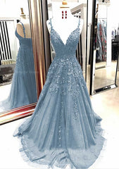 A Line Princess V Neck Sleeveless Sweep Train Tulle Prom Dress Outfits For Women With Appliqued