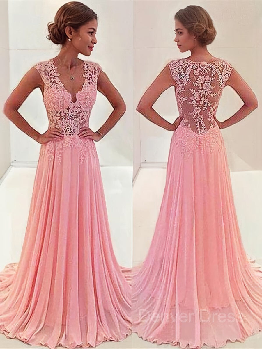 A-Line V-neck Sweep Train Chiffon Prom Dresses For Black girls With Appliques Lace