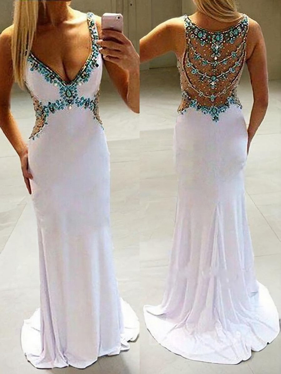 A-Line V-neck Sweep Train Jersey Prom Dresses For Black girls With Rhinestone