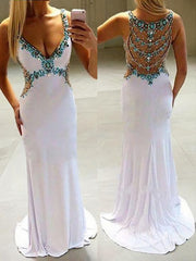 A-Line V-neck Sweep Train Jersey Prom Dresses For Black girls With Rhinestone