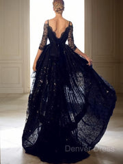 A-Line V-neck Sweep Train Lace Prom Dresses For Black girls With Sash