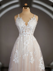 A-Line V-neck Sweep Train Lace Wedding Dresses For Black girls with Appliques Lace