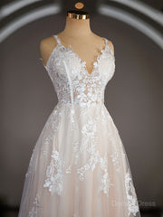 A-Line V-neck Sweep Train Lace Wedding Dresses For Black girls with Appliques Lace
