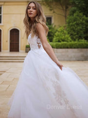 A-Line V-neck Sweep Train Lace Wedding Dresses For Black girls With Appliques Lace