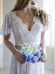 A-Line V-neck Sweep Train Lace Wedding Dresses For Black girls With Appliques Lace