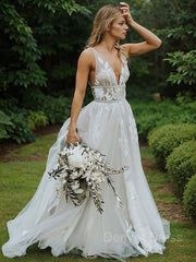 A-Line V-neck Sweep Train Lace Wedding Dresses For Black girls With Sash