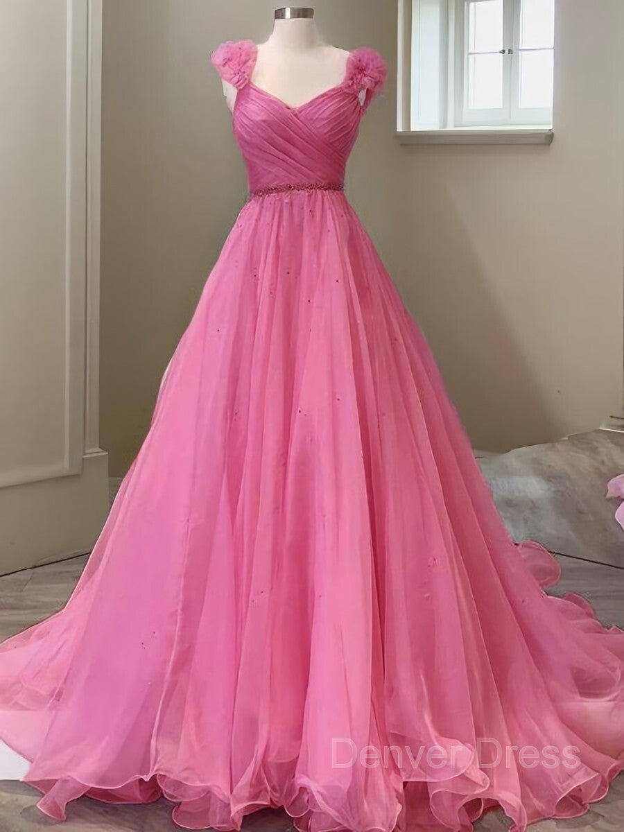 A-Line V-neck Sweep Train Organza Prom Dresses For Black girls With Ruffles