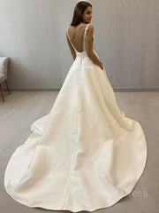 A-Line V-neck Sweep Train Satin Wedding Dresses