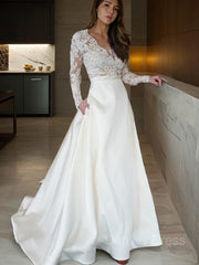 A-Line V-neck Sweep Train Satin Wedding Dresses For Black girls With Appliques Lace