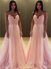 A-Line V-neck Sweep Train Tulle Prom Dresses