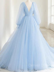 A-Line V-neck Sweep Train Tulle Prom Dresses For Black girls With Ruffles