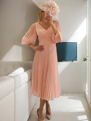 A-Line V-neck Tea-Length Chiffon Mother of the Bride Dresses For Black girls With Ruffles
