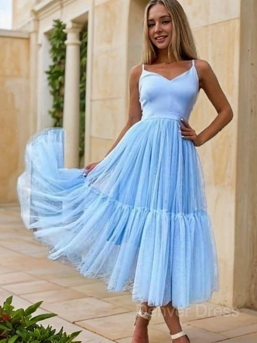 A-Line V-neck Tea-Length Tulle Homecoming Dresses For Black girls With Pleated