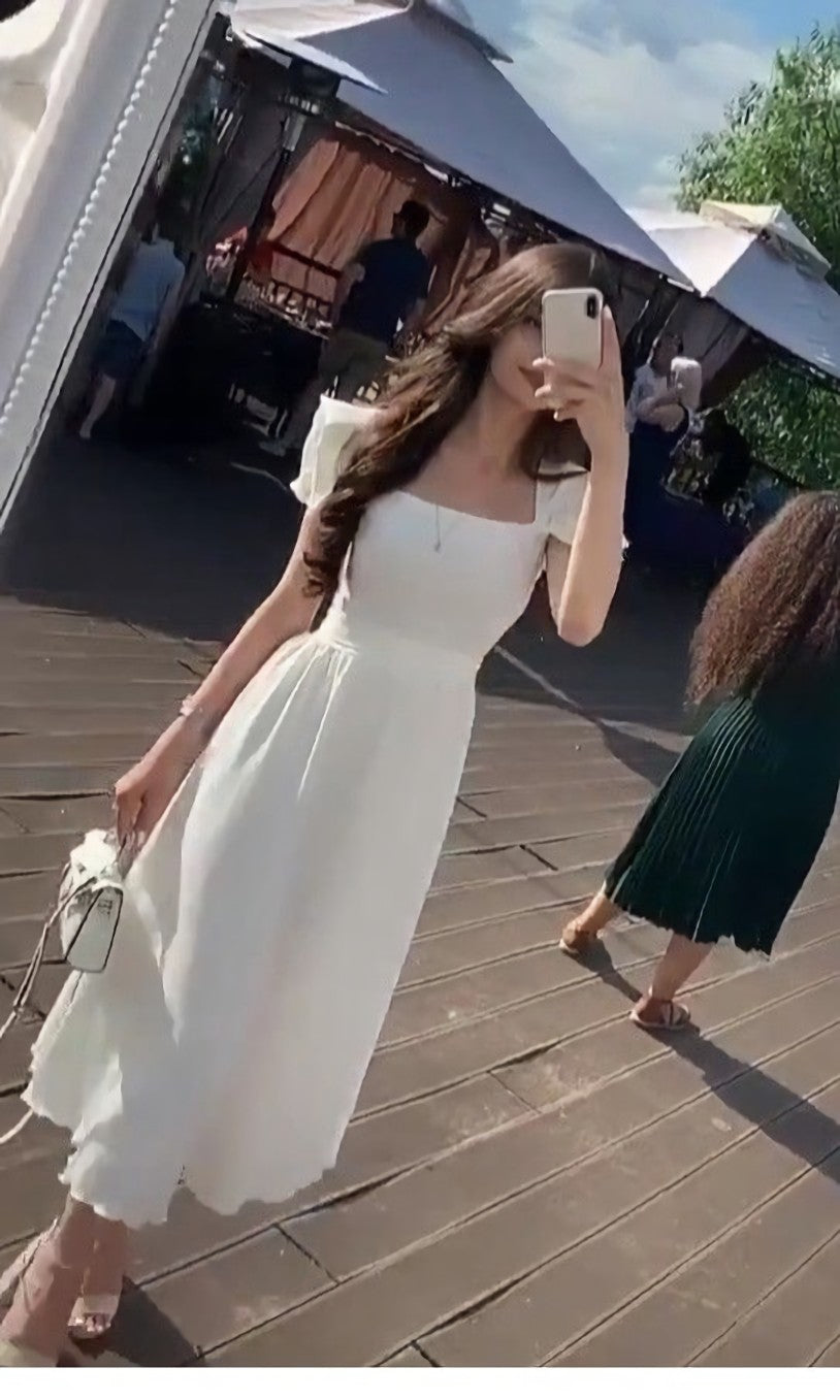 A Line Prom Dress, White Evening Dress