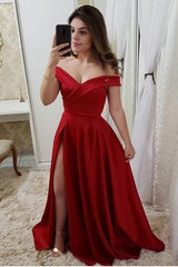 A Line Red Long Prom Party Dress Sexy Slit Side Party Dress For Weddings