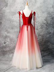 A-Line Red Velvet Tulle Long Prom Dress Outfits For Girls, Red Formal Dress
