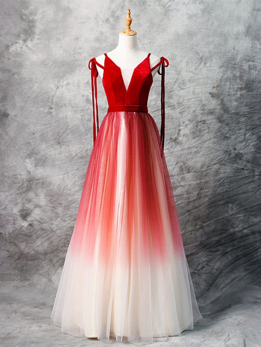 A-Line Red Velvet Tulle Long Prom Dress Outfits For Girls, Red Formal Dress