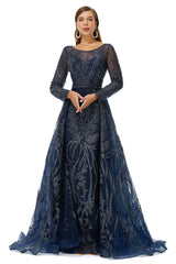 A-line Round Floor-length Long Sleeve Appliques Lace Beaded Prom Dresses