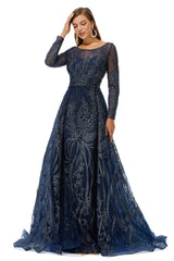 A-line Round Floor-length Long Sleeve Appliques Lace Beaded Prom Dresses