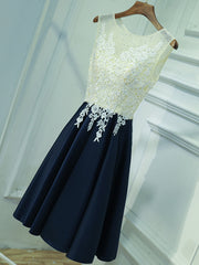 A Line Round Neck Short Lace Prom Dresses For Black girls For Women, Navy Blue Short Lace Formal Homecoming Dresses