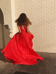 A Line Satin Red Prom Dress V Neck Party Gowns With Pockets Graduation Dress