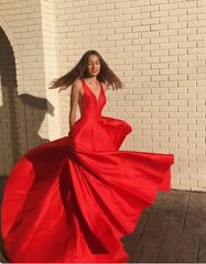 A Line Satin Red Prom Dress V Neck Party Gowns With Pockets Graduation Dress