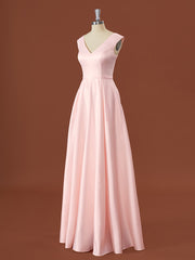 A-line Satin V-neck Floor-Length Bridesmaid Dress