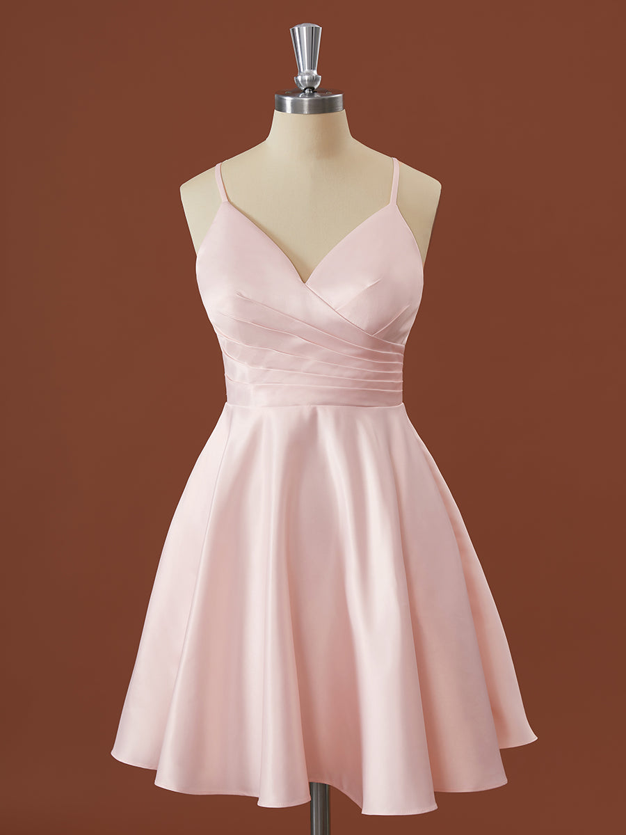 A-line Satin V-neck Pleated Short/Mini Bridesmaid Dress