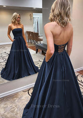 A Line Scalloped Neck Sweep Train Satin Prom Dress Outfits For Women With Pockets