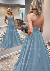 A Line Scalloped Neck Sweep Train Satin Prom Dress Outfits For Women With Pockets