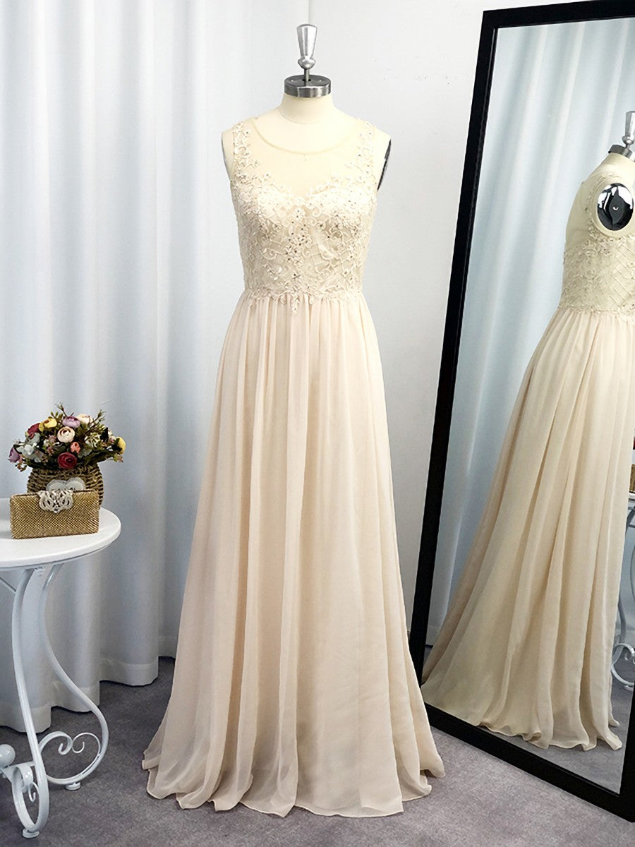 A-line Scoop Appliques Lace Floor-Length Chiffon Dress