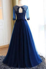 A-line Scoop Neck Dark Blue Long Prom Dresses For Black girls With Sleeves