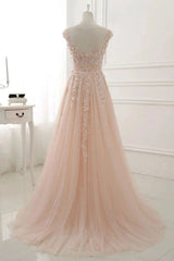 A Line Sheer Neck Cap Sleeves Tulle Prom Dresses For Black girls With Appliques