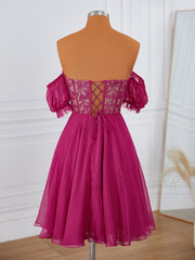 A-line Short Sleeves 30D Chiffon Sweetheart Appliques Lace Corset Convertible Short/Mini Dress