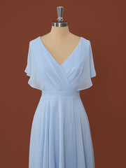 A-line Short Sleeves Chiffon V-neck Pleated Asymmetrical Dress