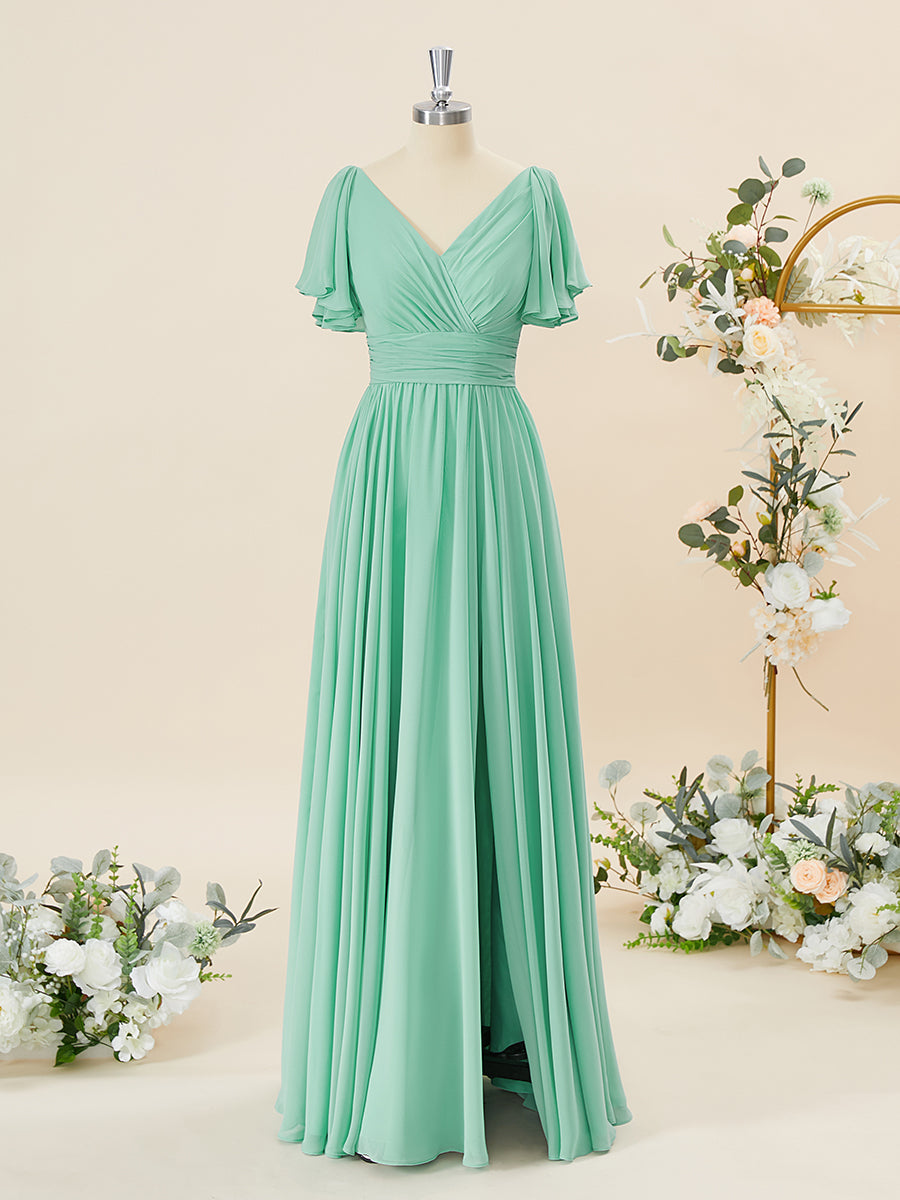 A-line Short Sleeves Chiffon V-neck Pleated Floor-Length Bridesmaid Dress