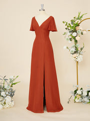 A-line Short Sleeves Chiffon V-neck Pleated Floor-Length Dress