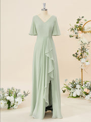 A-line Short Sleeves Chiffon V-neck Ruffles Floor-Length Bridesmaid Dress