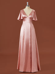 A-line Short Sleeves Elastic Woven Satin V-neck Floor-Length Bridesmaid Dress