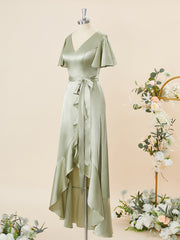 A-line Short Sleeves Silk Like Satin V-neck Ruffles Asymmetrical Bridesmaid Dress